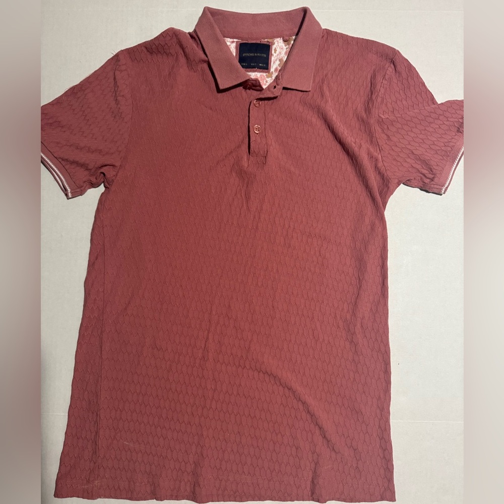 Stitches & Rivets, Dark Coral Colored‎ Textured SS Polo Shirt, Men's Small #1141